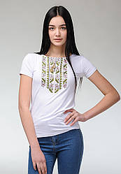 Стильна жіноча літня футболка на короткий рукав із рожевою вишивкою «Природна експресія»
