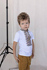 Вишита футболка для хлопчика з коротким рукавом Дем'янчик (бежева вишивка)