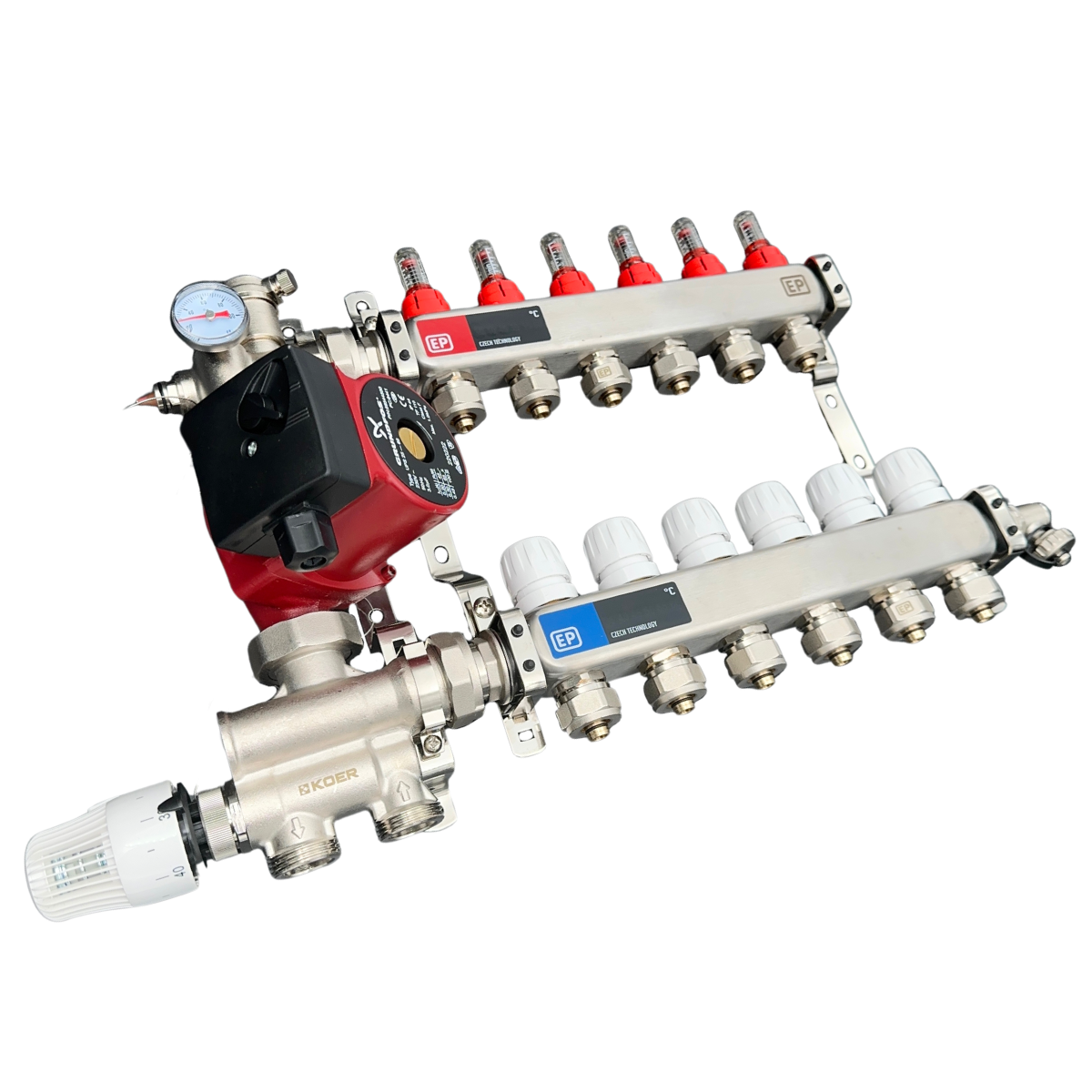 Колектор на 6 контурів з Нержавійки з насосом нижнє підключення Чехія