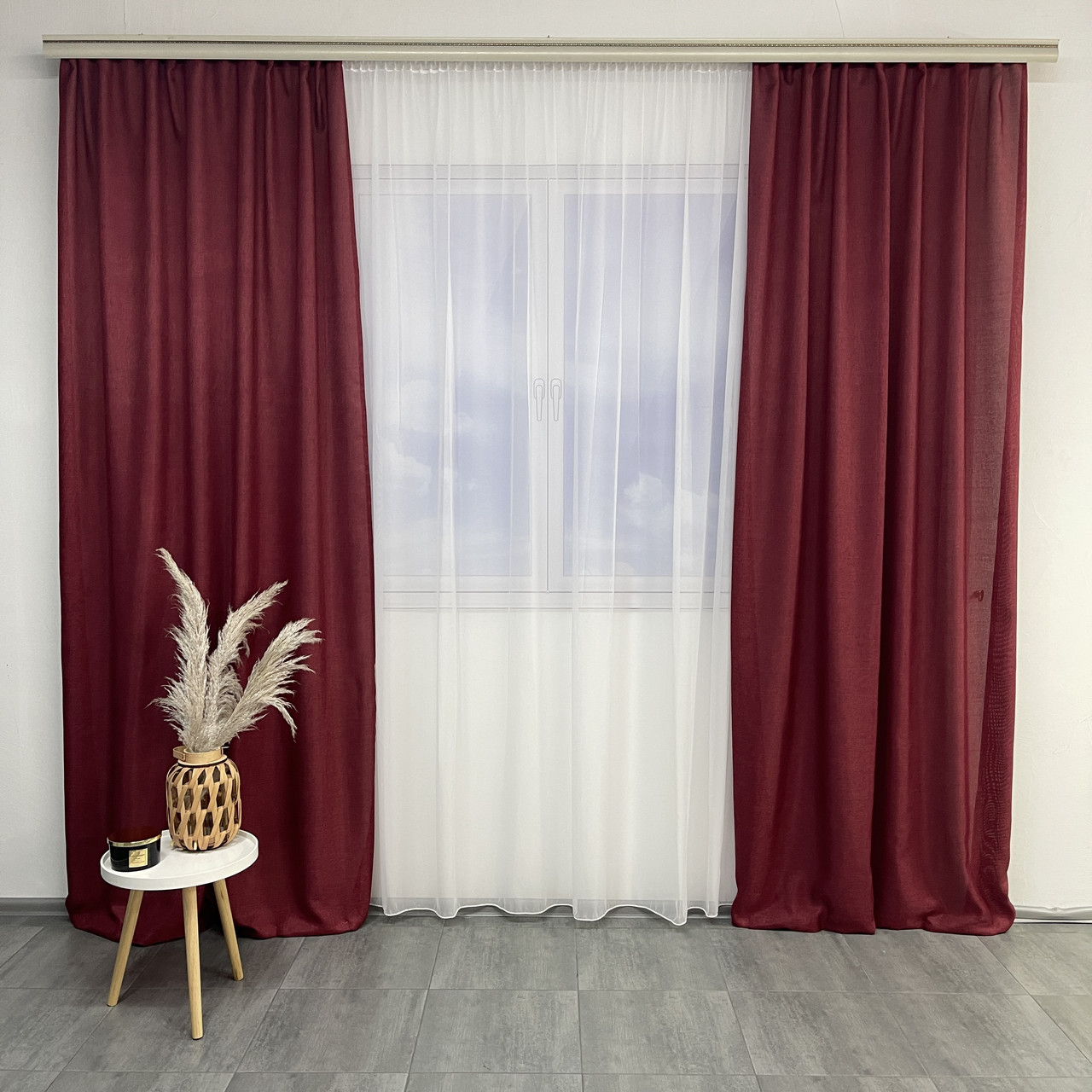 Штори легкі лляні ALBO бордові 150×270 см, комплект 2 шт. (SH-M1-22), фото 1