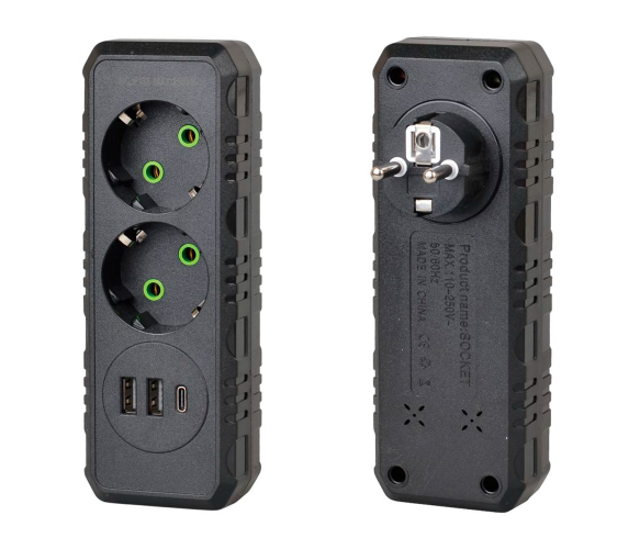 Трійник з/з F103,2 розетки+2USB+1Type-C,2500W,10A,110-250V, Voltronic, Арт.60514