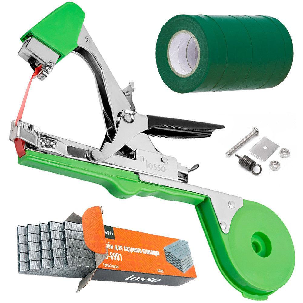 Тапенер для підв'язки рослин LOSSO SC-8102, стрічка для підв'язки зелена (10 шт), скоби (1 уп.), фото 1