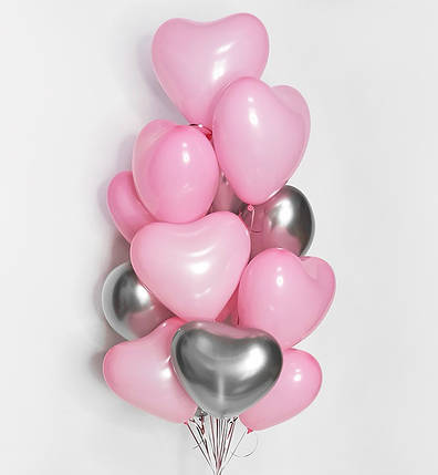 Набір повітряних кульок "Сердечки", 12 шт., колір - рожевий зі сріблом, фото 1