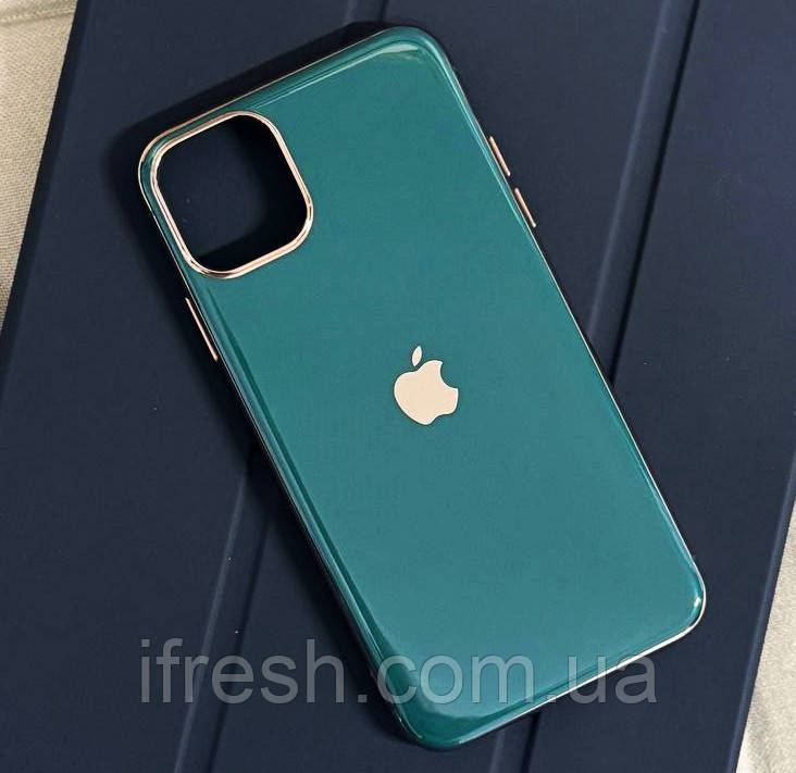 Силіконовий чохол для iPhone 11 Pro Max - Глянець з рамкою під метал, Зелений+Золото, фото 1