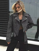 Куртка Косуха жіноча вінтажна з поясом з екошкіри графіт No3513