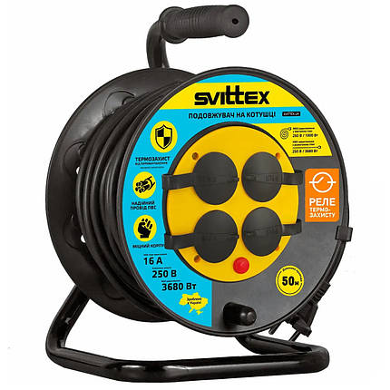 SV-007-B-IP 44 Подовжувач SVITTEX на котушці 50 м з термозахистом, 2х1,5 мм² чорний, фото 1