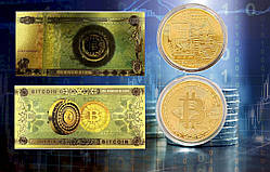 Новинка! Набір сувенірна монета та банкнота 100 Біткоїн Bitcoin