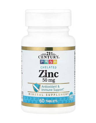 Мінерал Цинк хелат 21st Century,Chelated Zinc 50 мг 60 таб США, фото 1