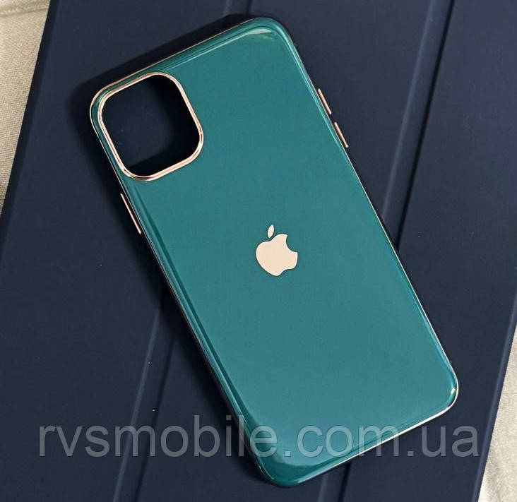 Силіконовий чохол для iPhone 11 Pro Max - Глянець з рамкою під метал, Зелений+Золото