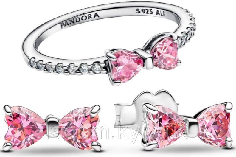 Комплект срібних прикрас у стилі PANDORA 925 проба "Рожевий блискучий бант" сережки та каблучка ПАНДОРА, фото 1