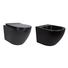Комплект Qtap Robin Matt Black 2 в 1: унітаз підвісний  Ultra Quiet QT13332381АSMB + біде підвісне