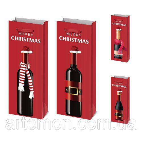 Пакет новорічний паперовий під пляшку "Merry Christmas" 12.8*8.4*36см Stenson R96599 [Склад зберігання: Одеса №3]