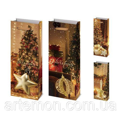 Пакет новорічний паперовий під пляшку "Merry Christmas" 12.8*8.4*36см Stenson R96598 [Склад зберігання: Одеса №3]