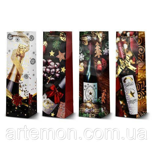 Пакет новорічний паперовий під пляшку "Gifts" 11*11*38см Stenson R33030 [Склад зберігання: Одеса №3]