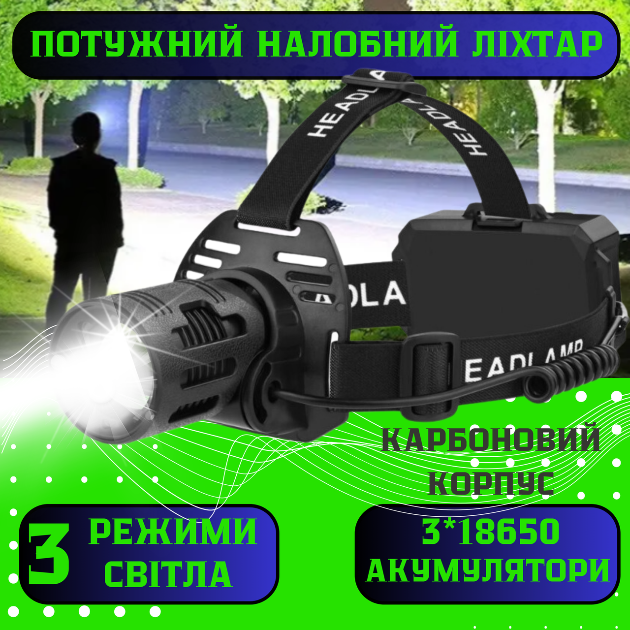 Потужний налобний ліхтар карбоновий корпус BL-2322 акумуляторний ліхтарик на голову з датчиком руху