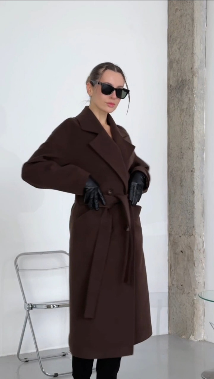 Зимове тепле актуальне двобортне пальто у шоколадному кольорі, фото 1