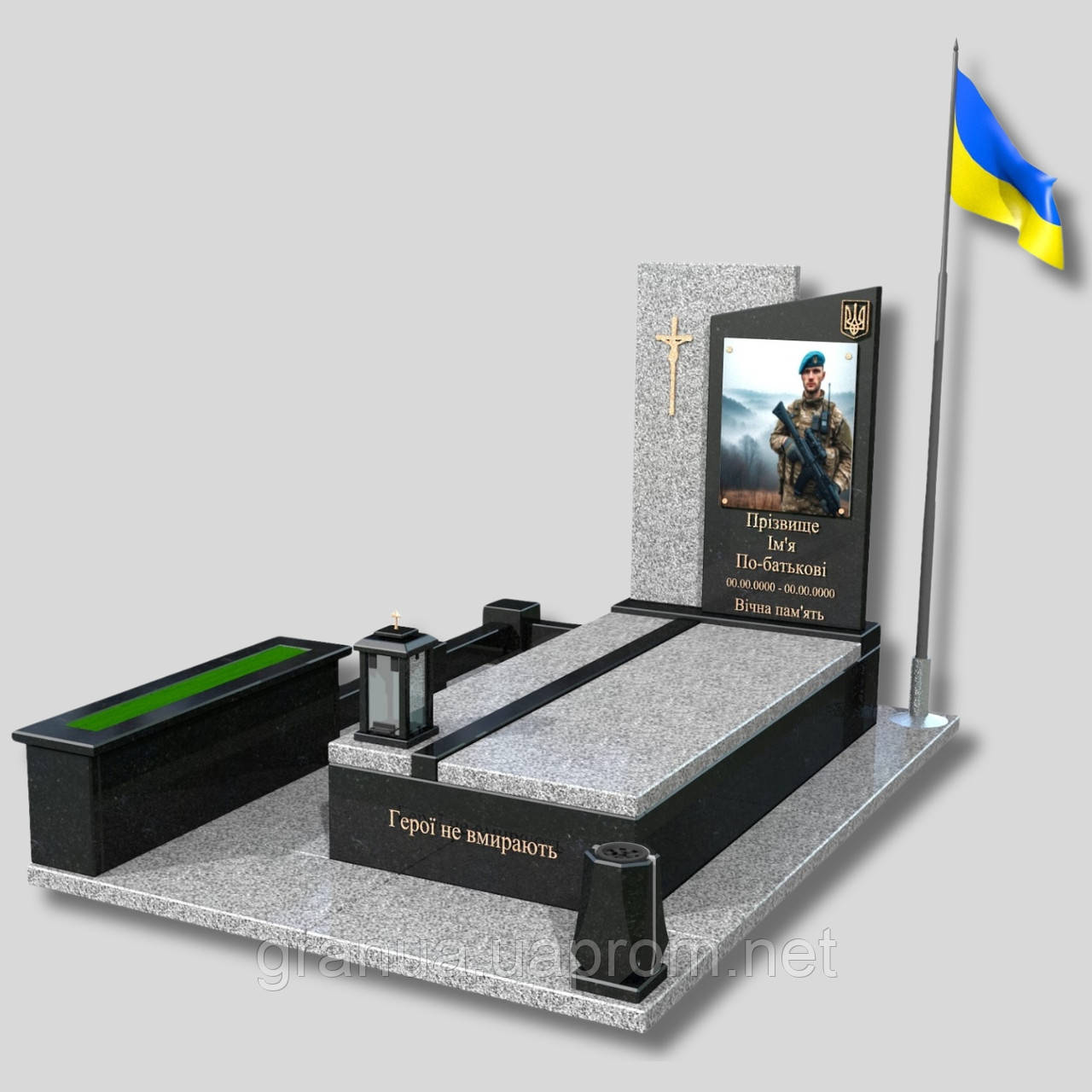 Надгробний ритуальний пам'ятник для військових із чорного та сірого граніту