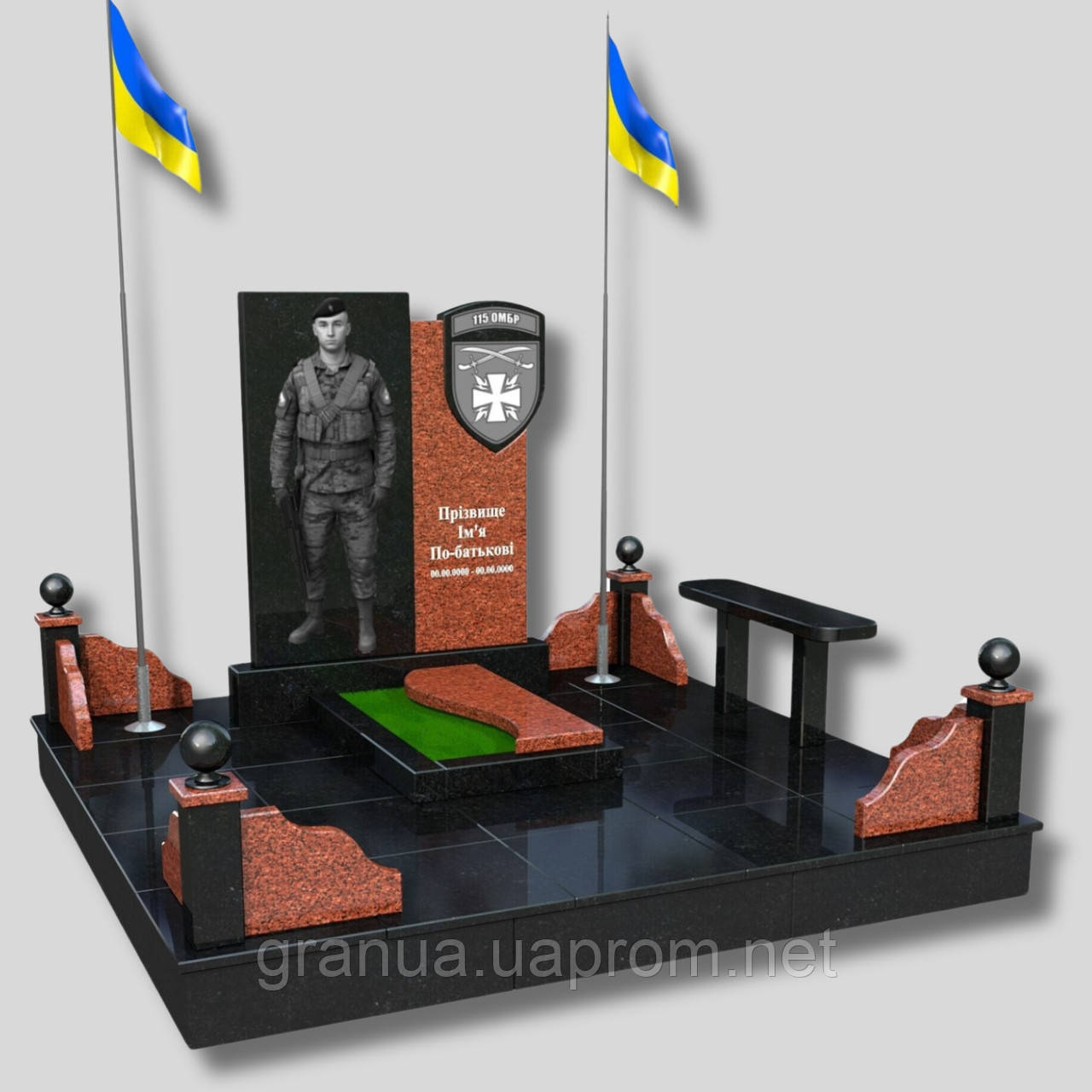 Надгробний ритуальний пам'ятник для військових із чорного та червоного граніту