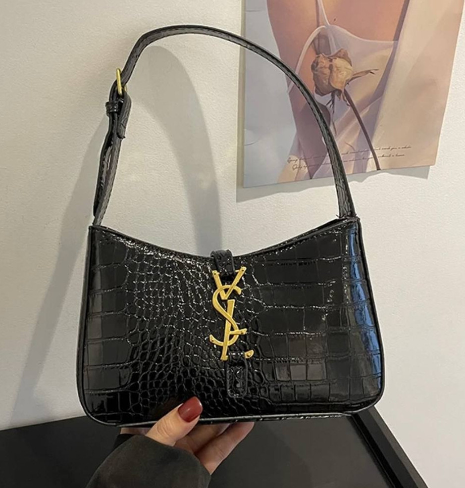 Жіноча шкіряна сумка YSL Hobo Croco через плече (Чорна)