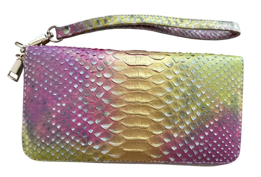 Гаманець портмоне із знімною ручкою Ekzotic leather із натуральної шкіри пітона Рожево- жовтий (snw35)