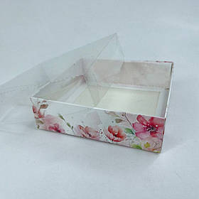 Коробка для пряника, 120*120*35 мм, з прозорою кришкою, "Аварельні квіти"