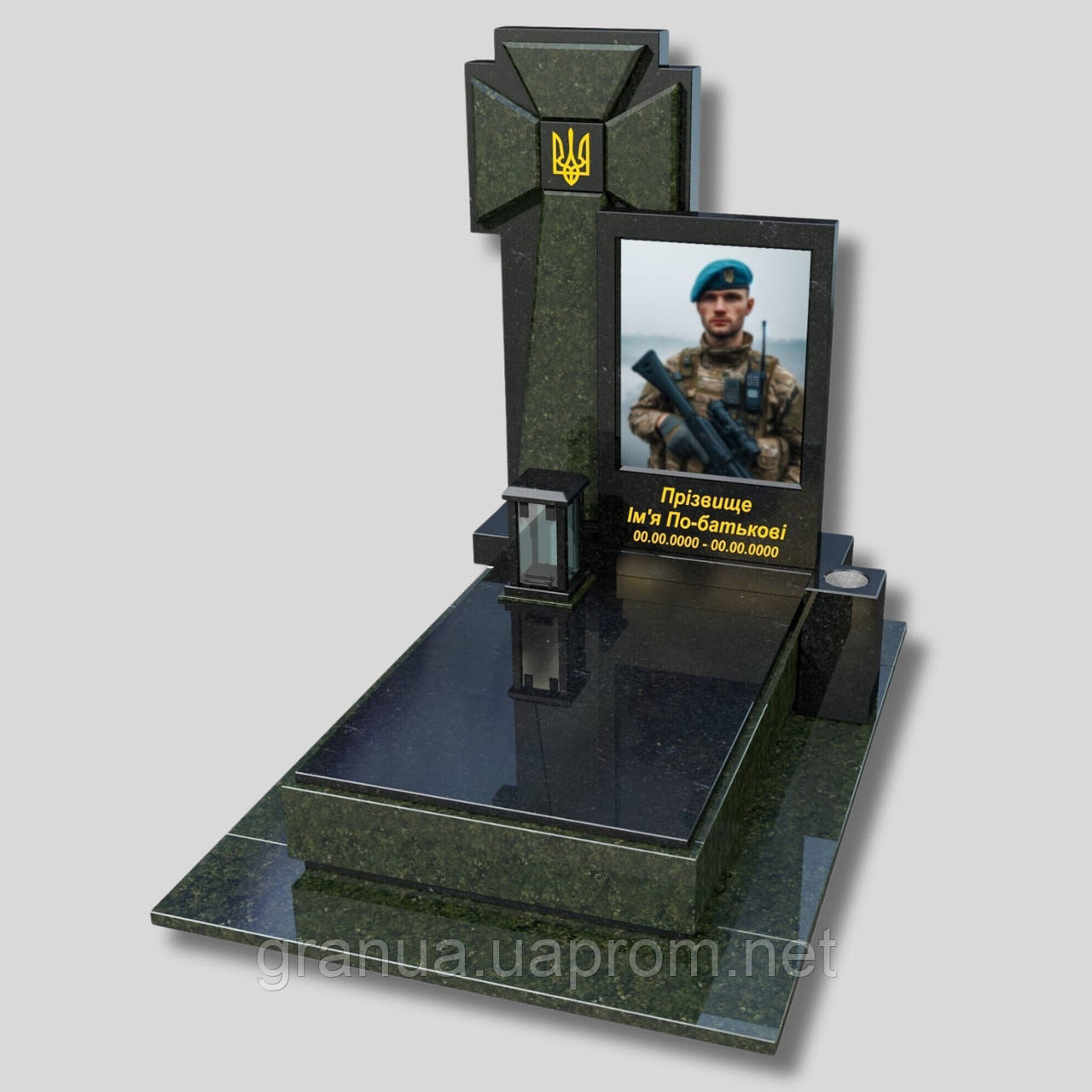 Надгробний ритуальний пам'ятник для військових із чорного та зеленого граніту