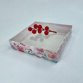 Коробка для пряника, 160*160*35 мм, з прозорою кришкою, "Аварельні квіти"