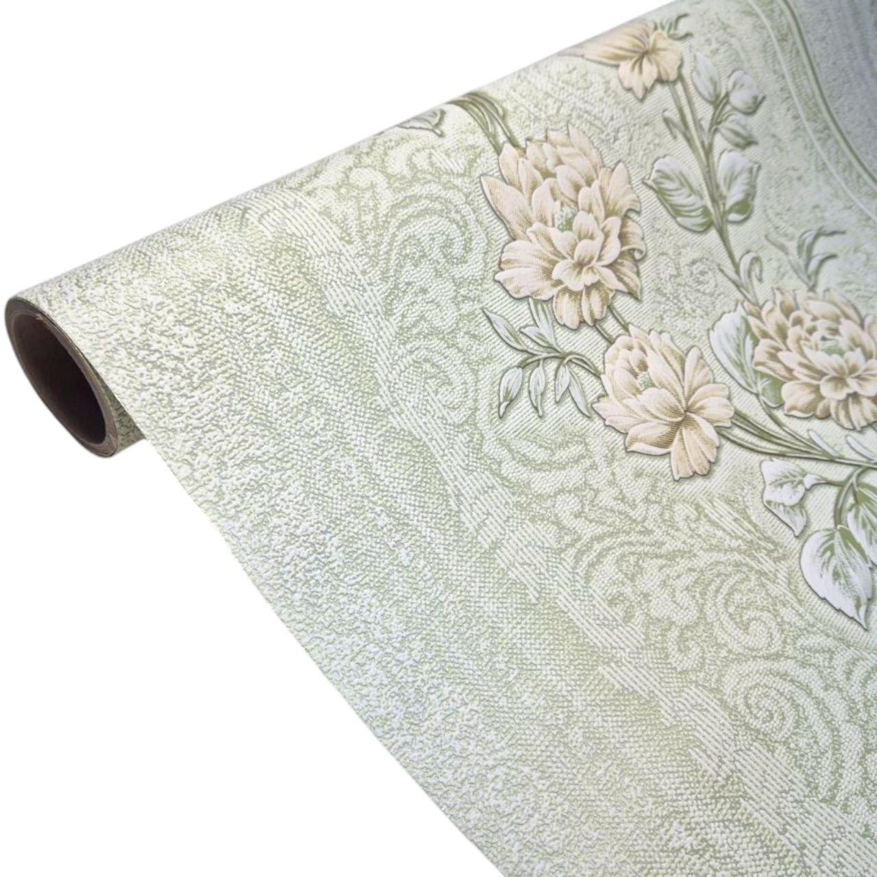 Шпалери вінілові флізелінові 10.05×1.06 м Слов’янські 3686-04, салатові з бежевими квітами в спальню, коридор, зал, вітальню, фото 1