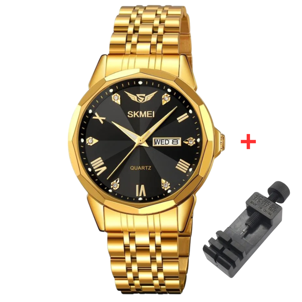 Skmei 2291GDBK Gold-Black Чоловічий годинник з індикацією дати та дня тижня зі сталевим браслетом.