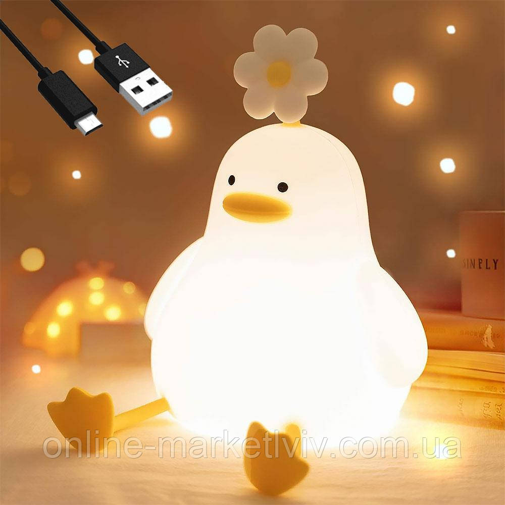 Нічник акумуляторний Качка з квіточкою, від USB, Теплий білий / Дитячий нічник силіконовий / Світильник м'який