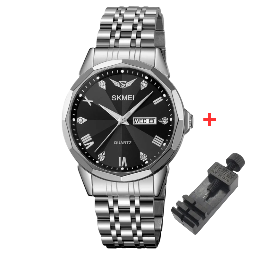 Skmei 2291SIBK Silver-Black Чоловічий годинник з індикацією дати та дня тижня зі сталевим браслетом.