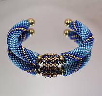 Браслет з бісеру на каркасі синій із золотом