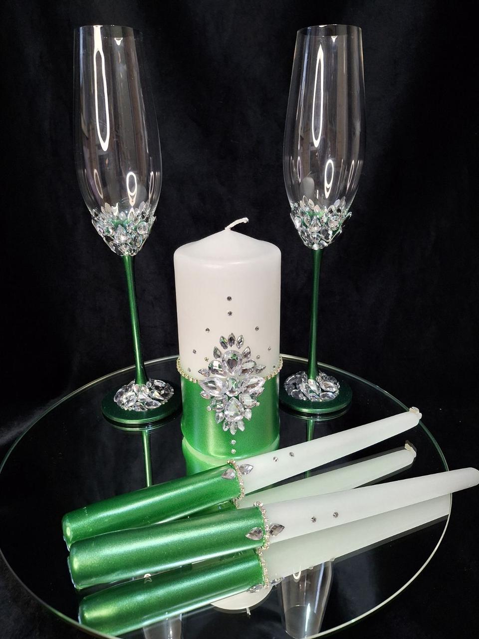 Набір весільні келихи та свічки в смарагдовому (зеленому) кольорі., фото 1
