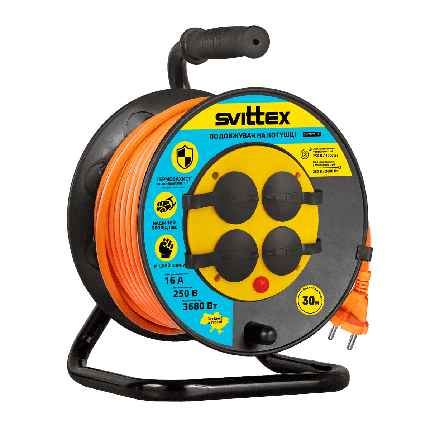 SV-005-O-IP 44 Подовжувач SVITTEX на котушці 30 м з термозахистом, 2х1,5 мм² помаранчевий, фото 1