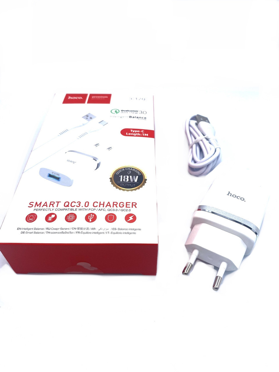 Мережевий зарядний пристрій 1 USB Hoco C12Q White + USB Cable Type-C (Type-C12Q), фото 1