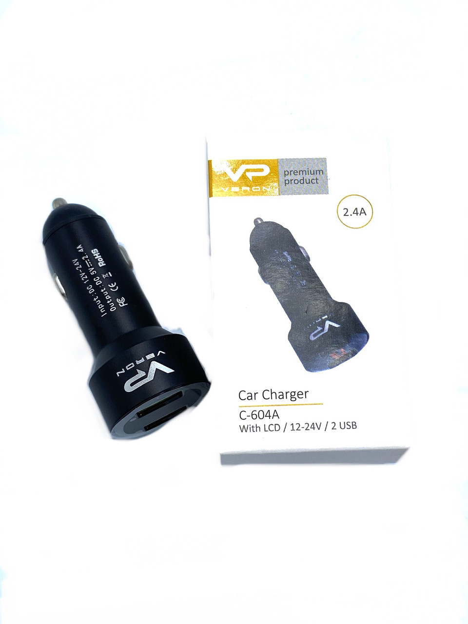 Автомобільний зарядний пристрій Veron Car Charger with LCD Long 2.4A 2 USB (C-604A), фото 1