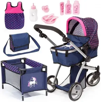 Іграшка Bayer Design Kombinowany Wózek dla Lalek Mega Set Blue z Serduszkami i Jednorożcem, фото 1