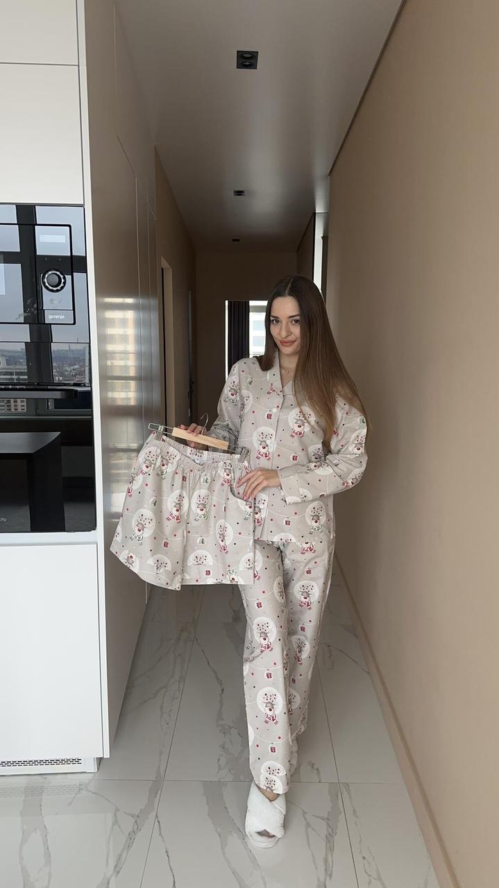 Жіноча піжама з попліну COSY 3-ка сорочка+штани+шорти "Магія Різдва"