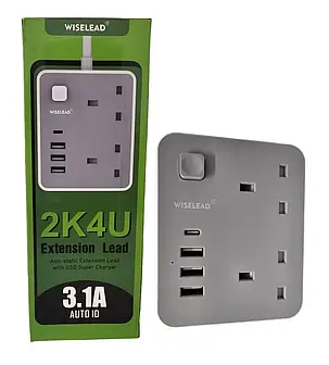 Подовжувач Wiselead із захистом від перенапруги та кабелем живлення 4 USB 2 Gang Way 1,6 м, фото 1