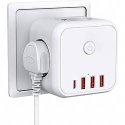 Безпечний трійник 3 гнізда, 220V, 3 USB-A/1 Type-C, із заземленням, захисні шторки