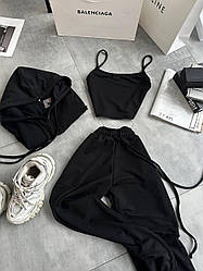 Стильний жіночий прогулянковий костюм трійка кофта на блискавці топ штани джоггери двонитка OS