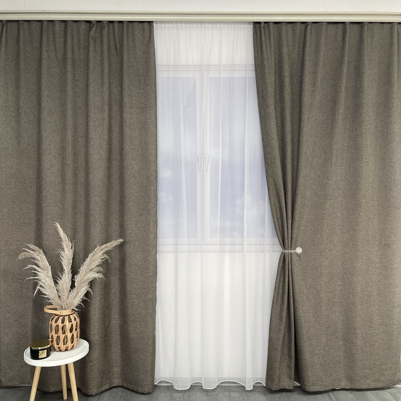 Штори з легкого льону сіро-коричневі з білим шифоновим тюлем ALBO (SHTN-M1-8), фото 1