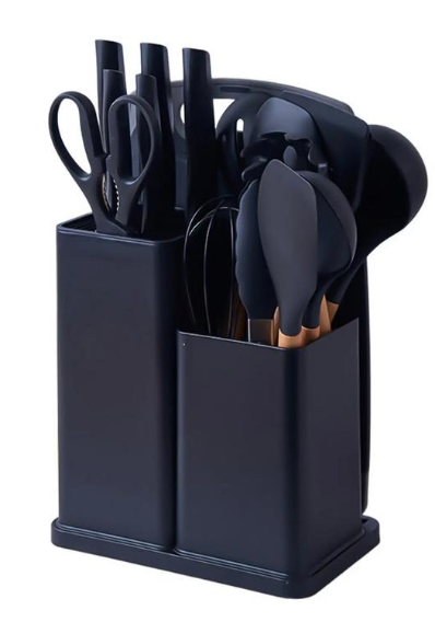 Кухонне приладдя для готування, 19 предметів, ножі, дошка для оброблення, підставка, Чорний, фото 1