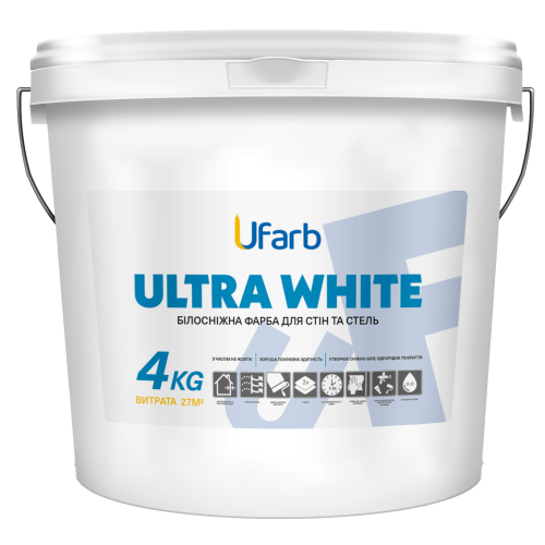 Фарба інтер'єрна білосніжна для стін та стель акрилова Ufarb Ultra White 4кг матова біла