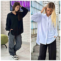 Стильна біла сорочка оверсайз для дівчаток, креп, розміри 34 — 42 на зріст 140 — 160 + Відеоогляд!