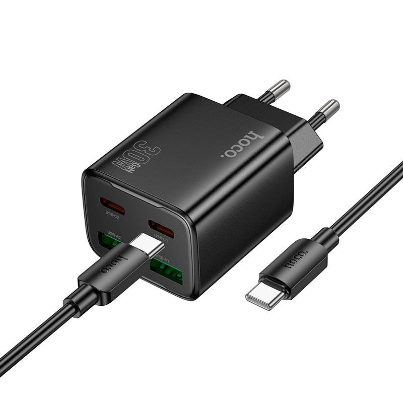 Адаптер мережевий HOCO Type-C to Type-C Cable Fundador four-port charger set N56 |2USB/2Type-C, 30W/3A, PD/QC| чорний