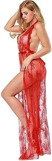 Жіноча нічна сорочка з вирізом на спині та на грудях, довгий пеньюар червоного кольору, фото 1