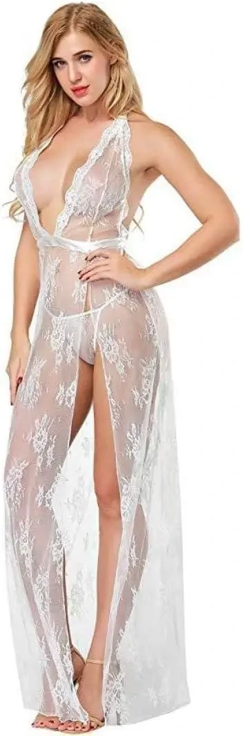 Довга нічна сорочка білого кольору на зав'язках із вирізом на спині, фото 1