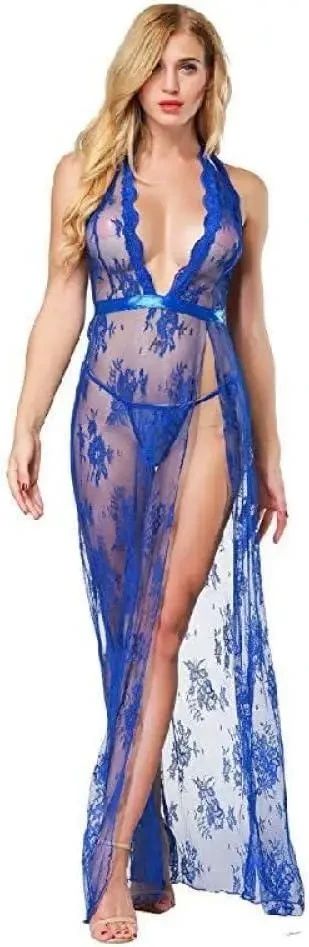 Довгий жіночий пеньюар синього кольору з розрізом та зав'язками, фото 1