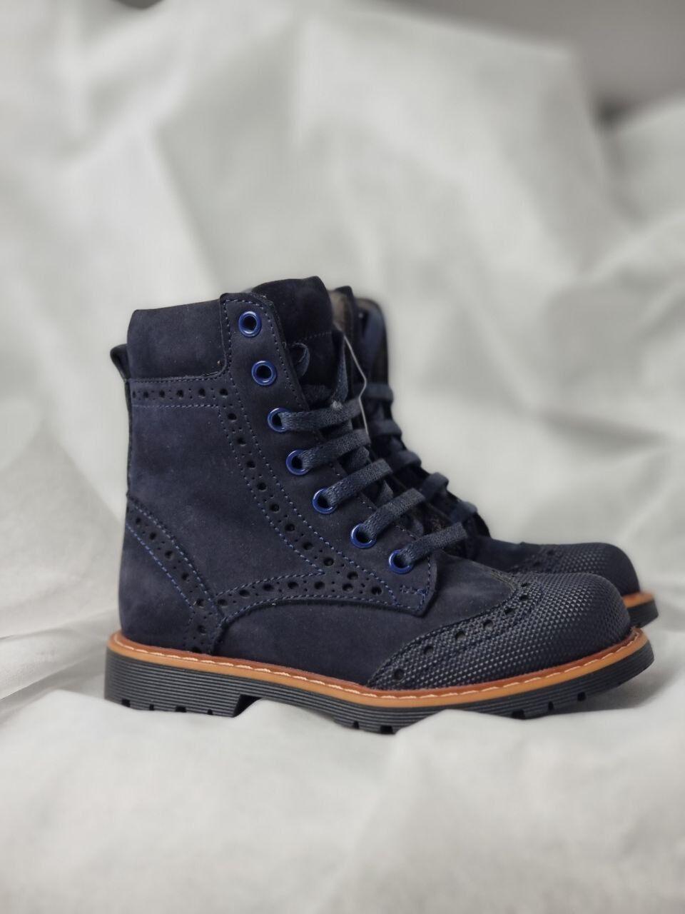 Дитячі зимові шкіряні ортопедичні черевики для хлопчика синього кольору 26 розмір, фото 1